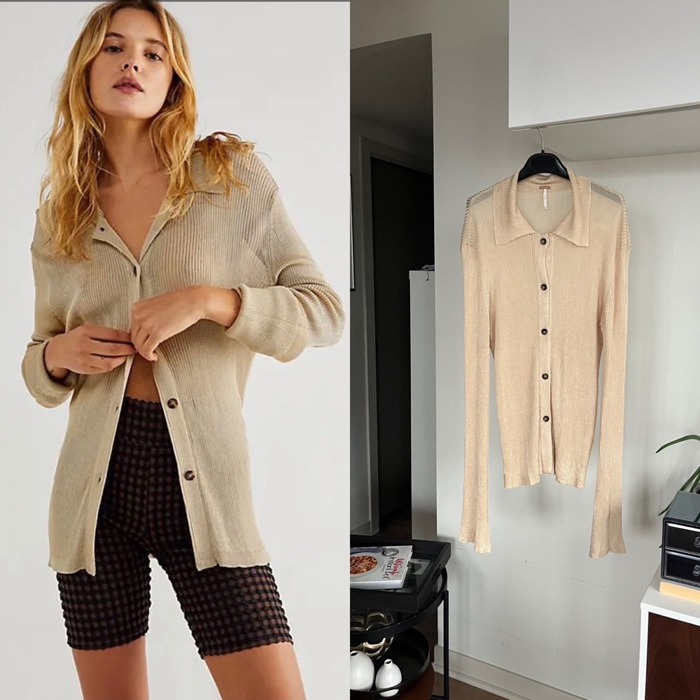 Free People H20 Polo Cardi Tan Button-Up Relaxed Boho Cardigan Size S